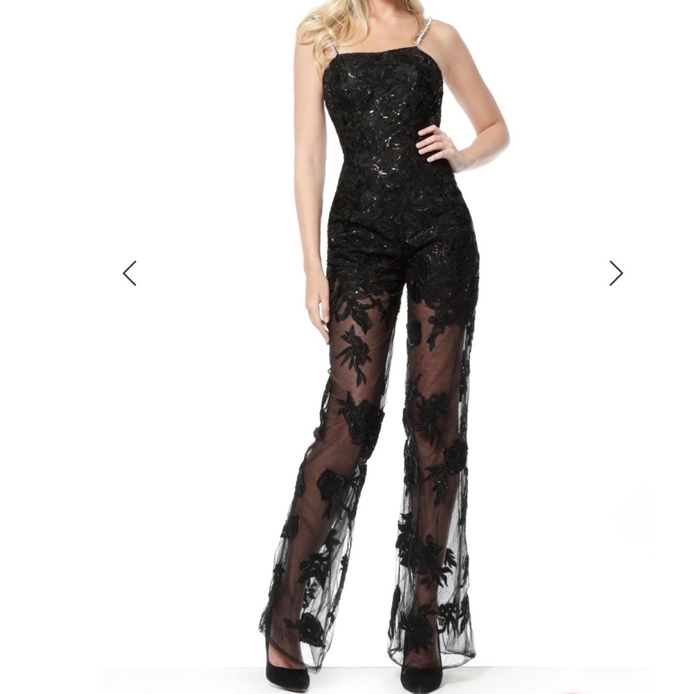 Jovani Floral Appliqued Sheer Jumpsuit